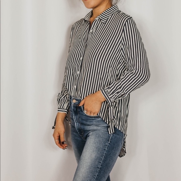 Striped Button Down Blouse - Charcoal - Picture 3 of 4